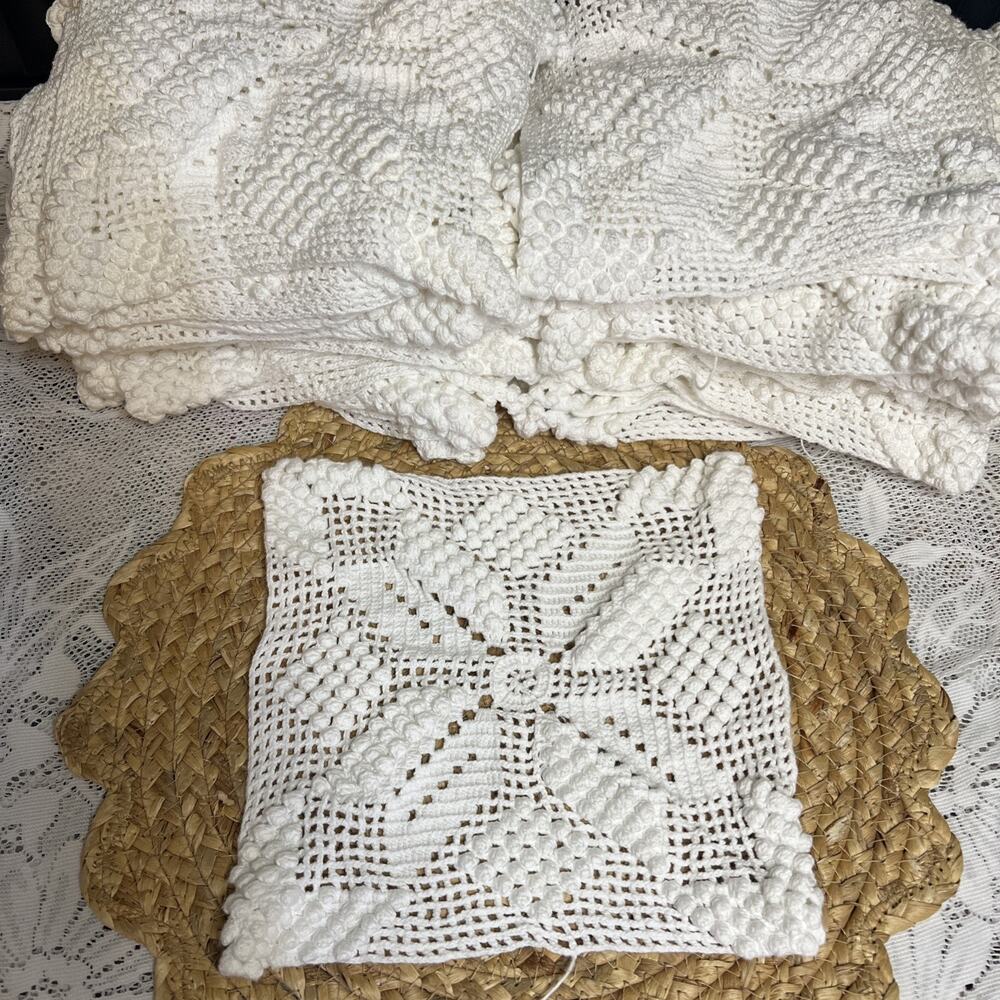 40 Unfinished Cotton Popcorn Crochet Blocks 9” Squares Heirloom Afghan Blanket